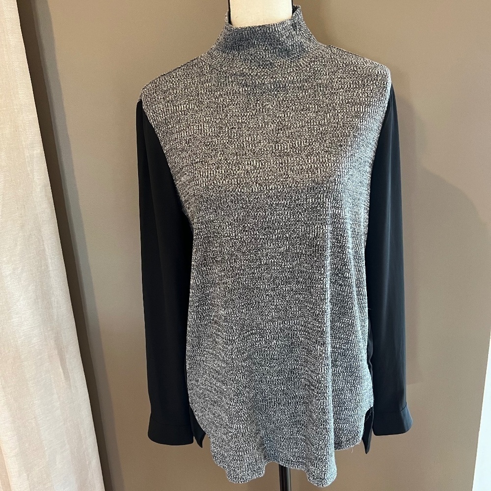 Loft Women's Long Sleeve Mock Turtleneck Knit, Gray & Sheer Black, Size Medium